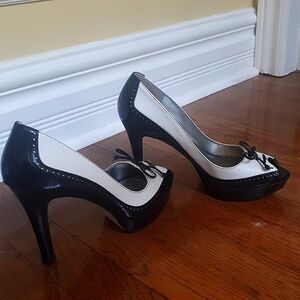 Marc Fisher Black and White Tuxedo Peep Toe Heels with Bow Detail
